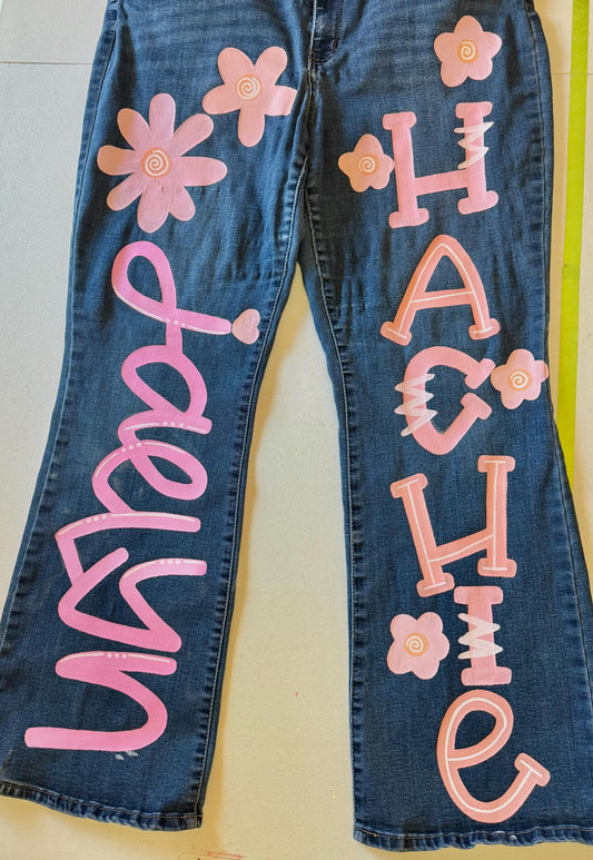 Custom Denim Jeans- Hand Painted Embellishments Rhinestones Pearl Beads Senior School Spirit Sports