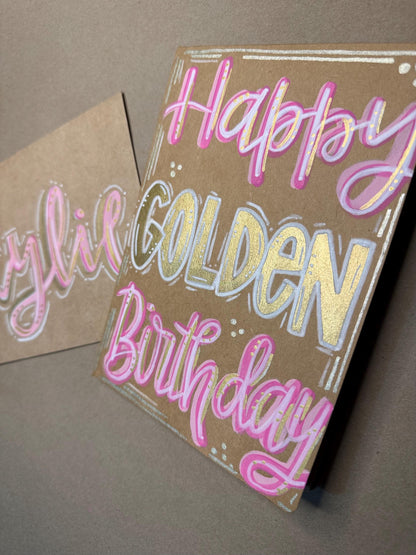 Hand Painted Birthday Card Golden Birthday Personalized with Envelope Blank Inside