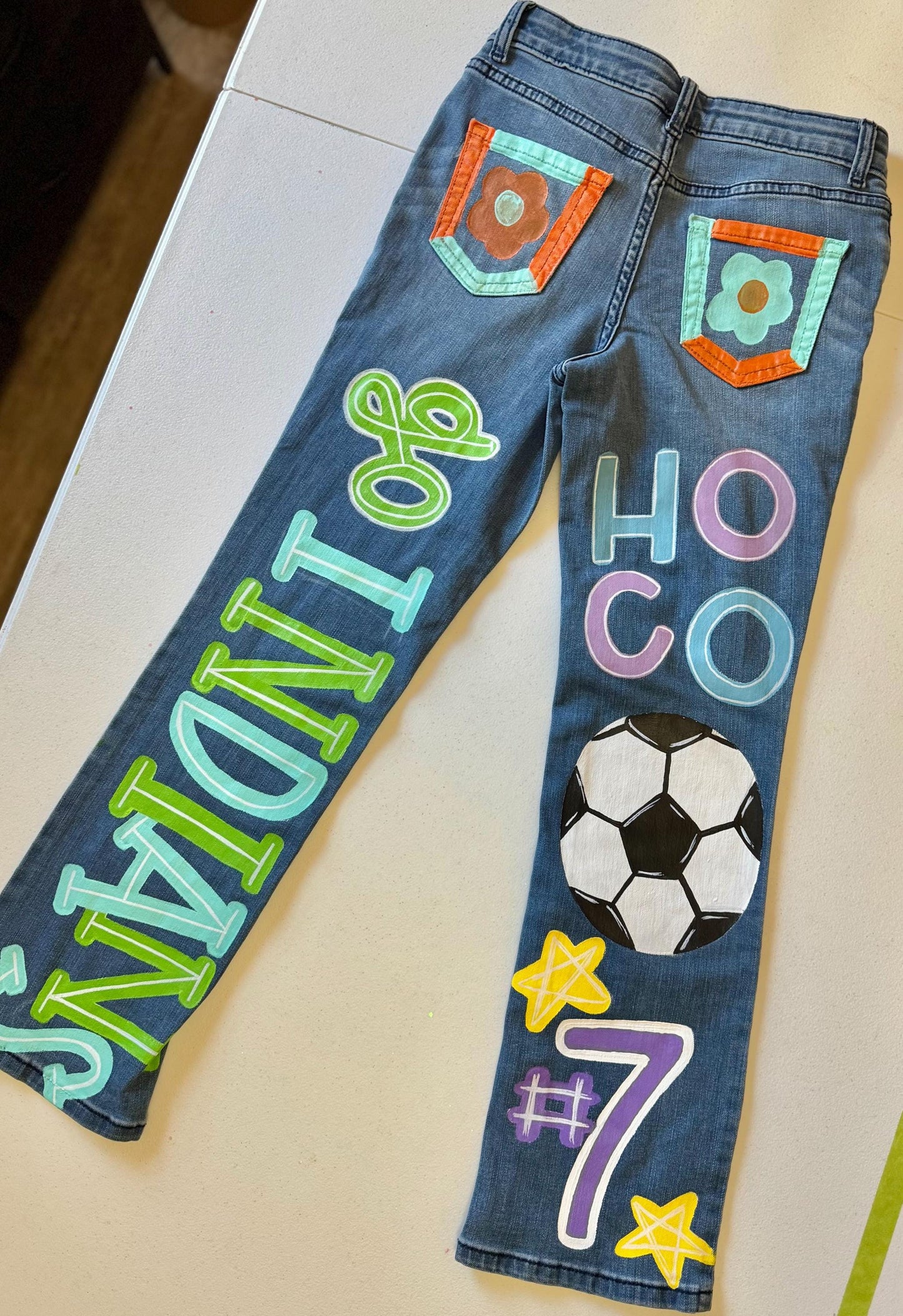 Custom Denim Jeans- Hand Painted Embellishments Rhinestones Pearl Beads Senior School Spirit Sports