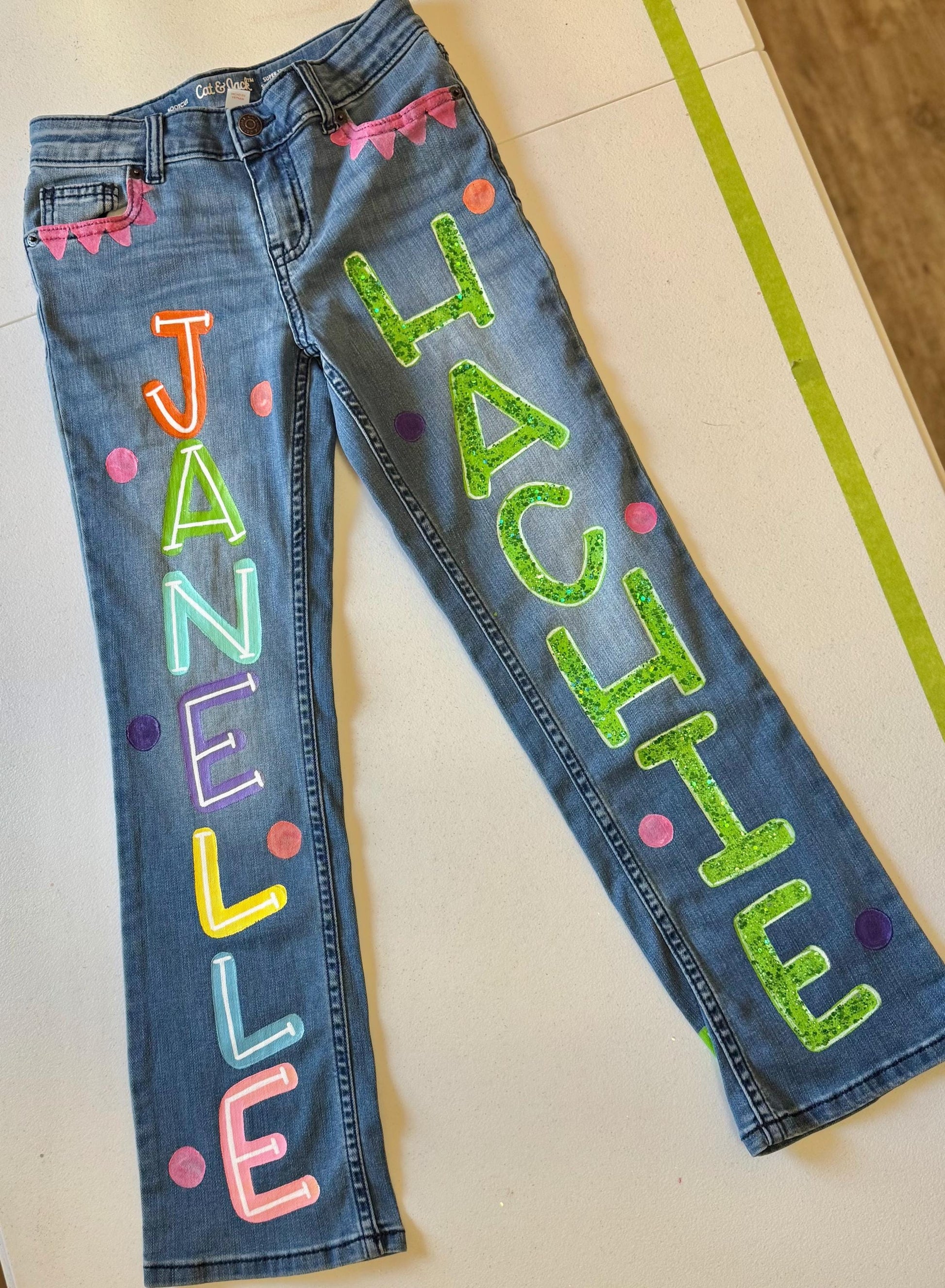Custom Denim Jeans- Hand Painted Embellishments Rhinestones Pearl Beads Senior School Spirit Sports