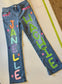 Custom Denim Jeans- Hand Painted Embellishments Rhinestones Pearl Beads Senior School Spirit Sports