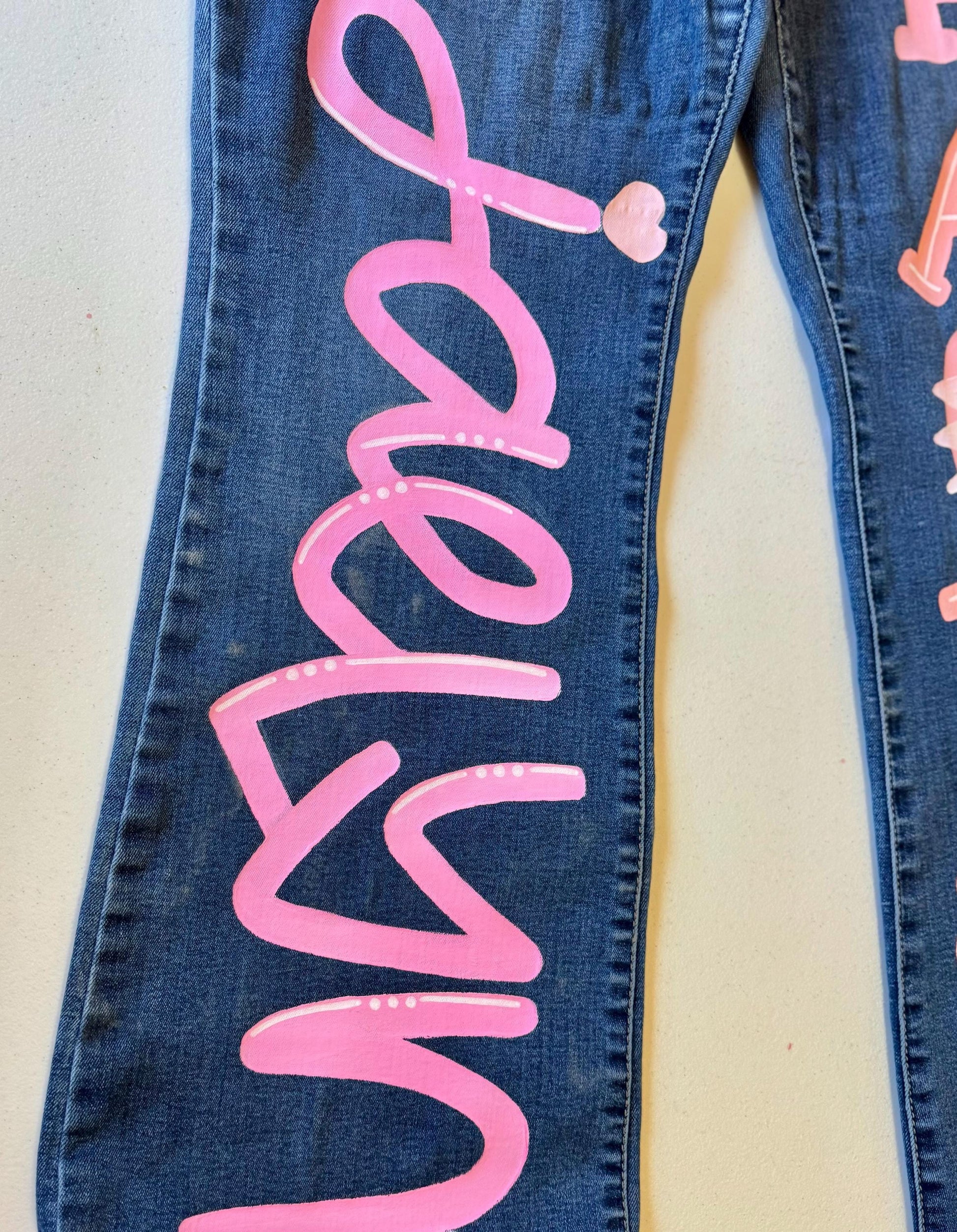Custom Denim Jeans- Hand Painted Embellishments Rhinestones Pearl Beads Senior School Spirit Sports