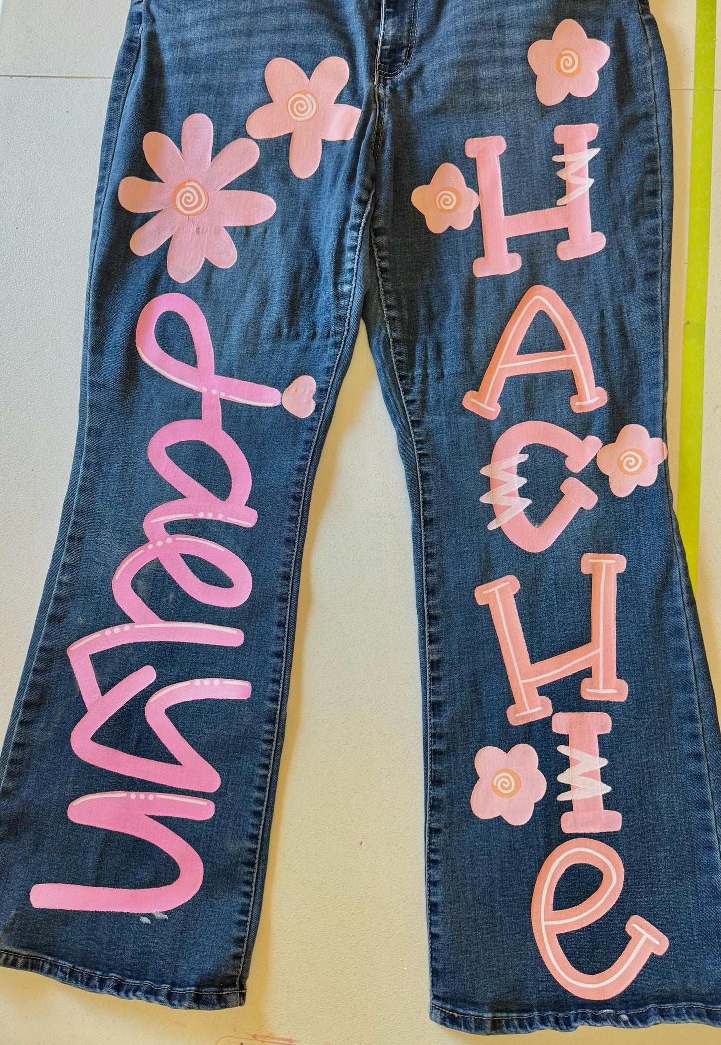 Custom Denim Jeans- Hand Painted Embellishments Rhinestones Pearl Beads Senior School Spirit Sports