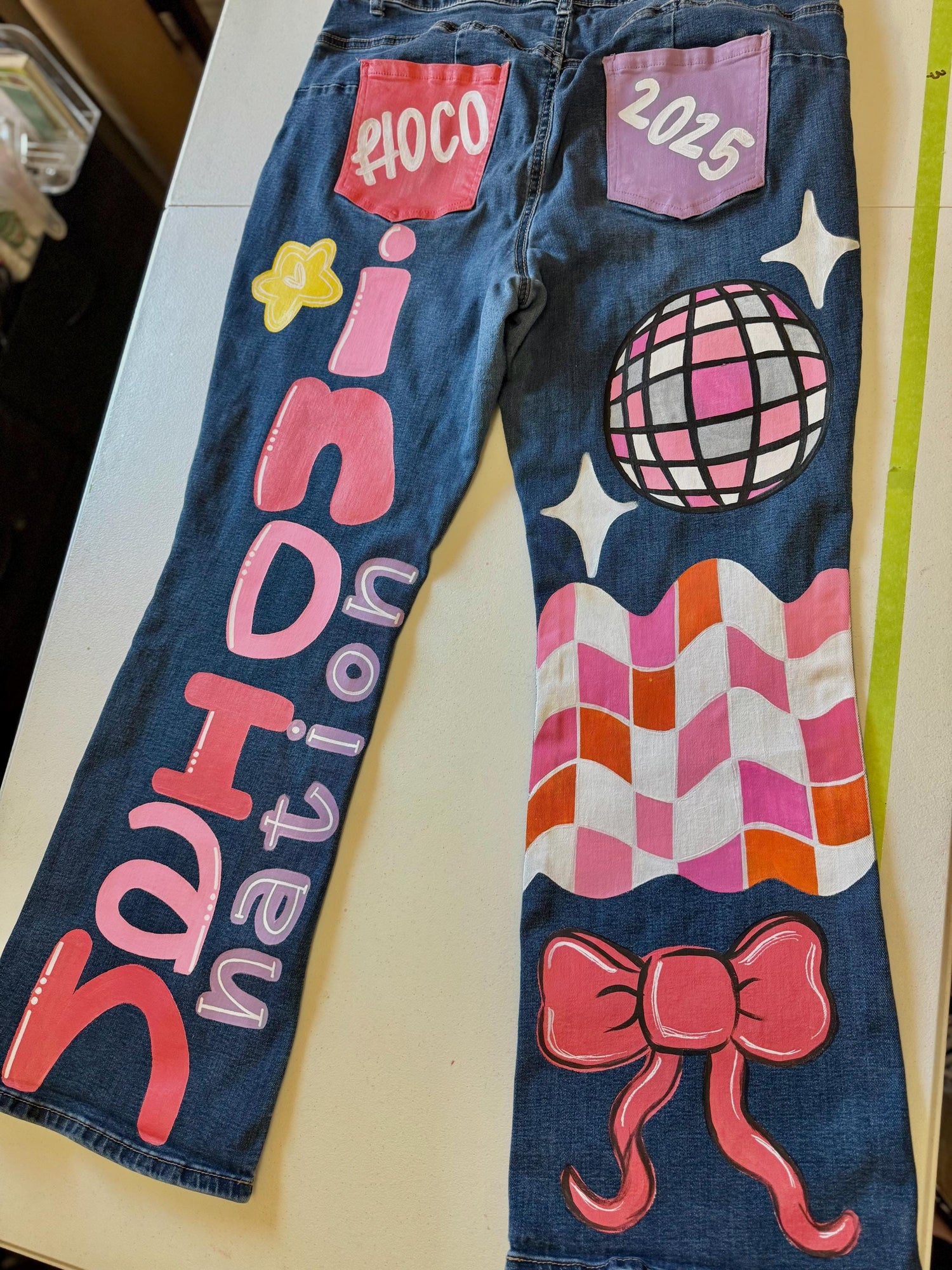 Custom Denim Jeans- Hand Painted Embellishments Rhinestones Pearl Beads Senior School Spirit Sports