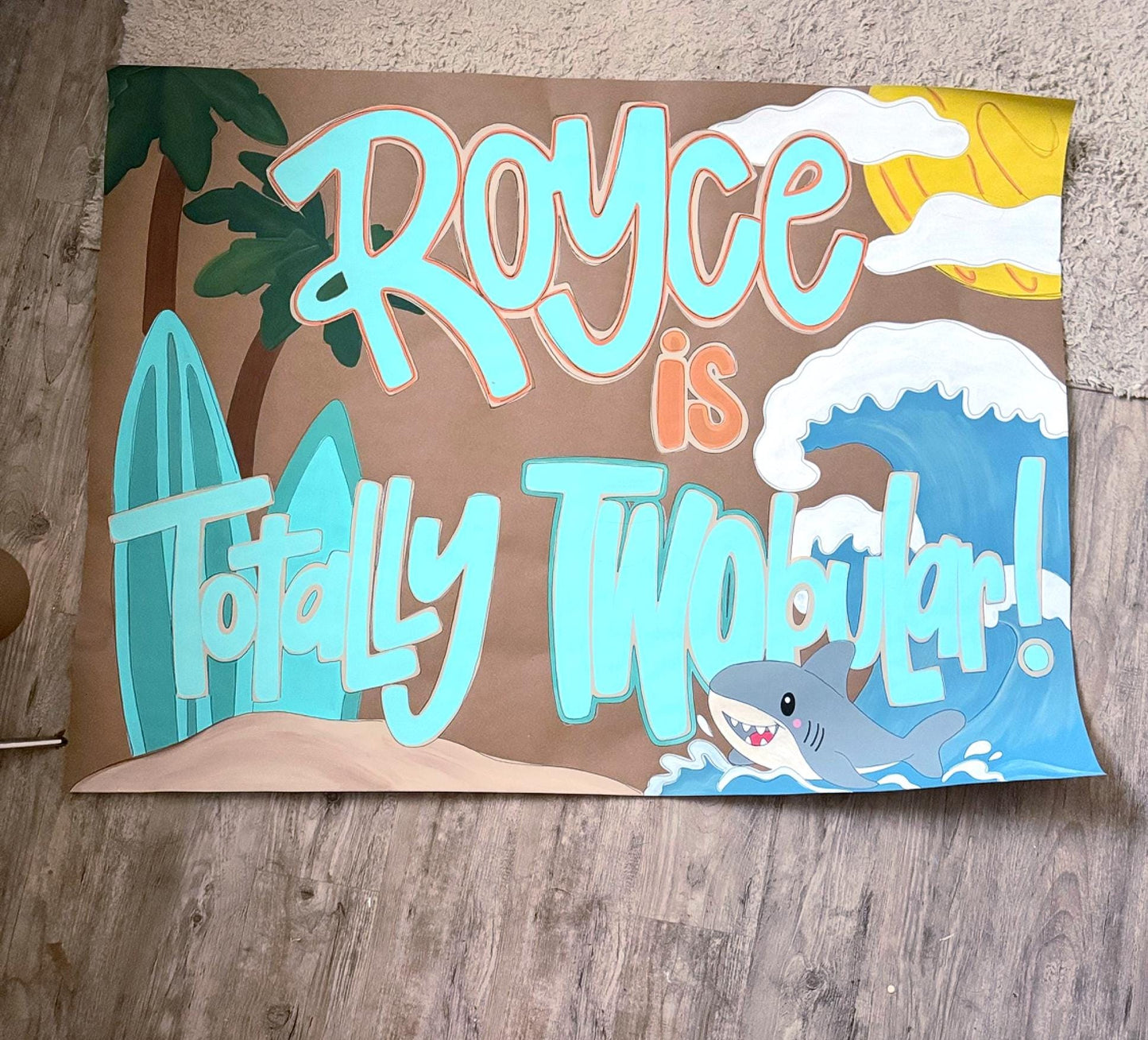 Custom Hand-Painted Birthday Banner: Kraft Paper, Surf Theme, Shark Decor